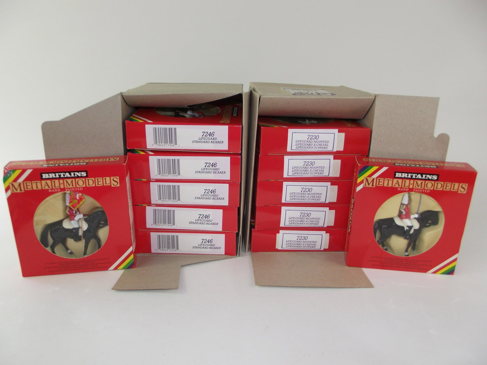 Britains 7230 & 7246 Lifeguards: 12 complete sets, mint in box. Old store stock. Lot contains 6 complete sets of each, 7246 being Lifeguard Standard Bearer and 7230 Mounted Lifeguard.