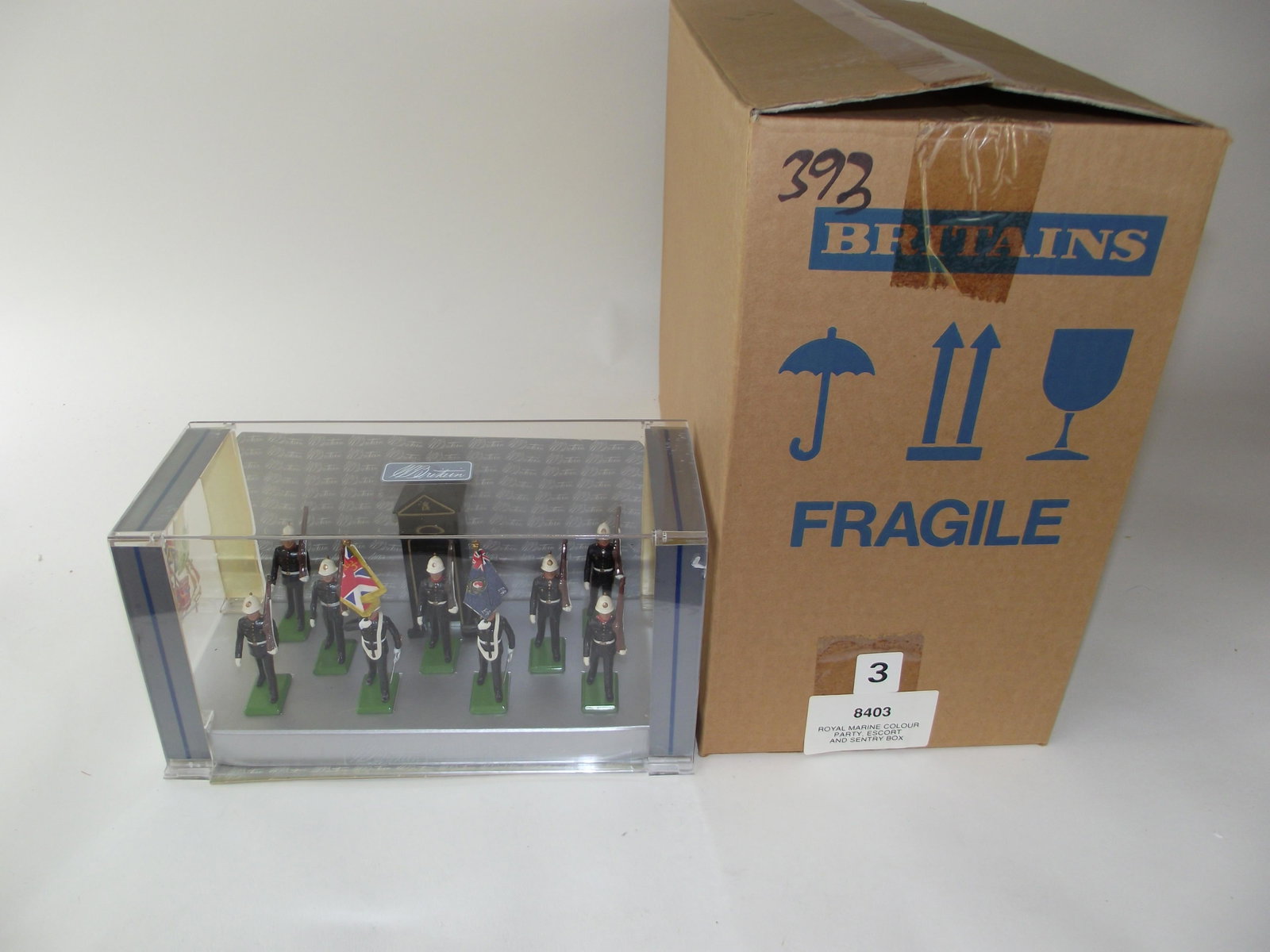 Britains 8403 Royal Marine Color Party: 3 complete sets, mint in box. Old store stock. 8403 is Royal Marine Colour Party, Escort and Sentry Box. 33 pcs total.