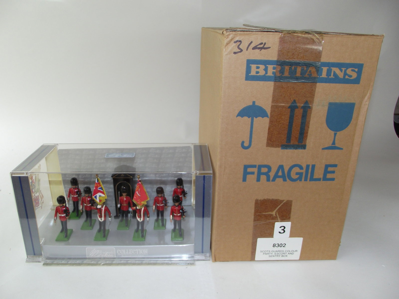Britains 8302 Scots Guard Color Party: 3 complete sets, mint in box. Old store stock. 8302 is Scots Guards Colour Party, Escort and Sentry box.