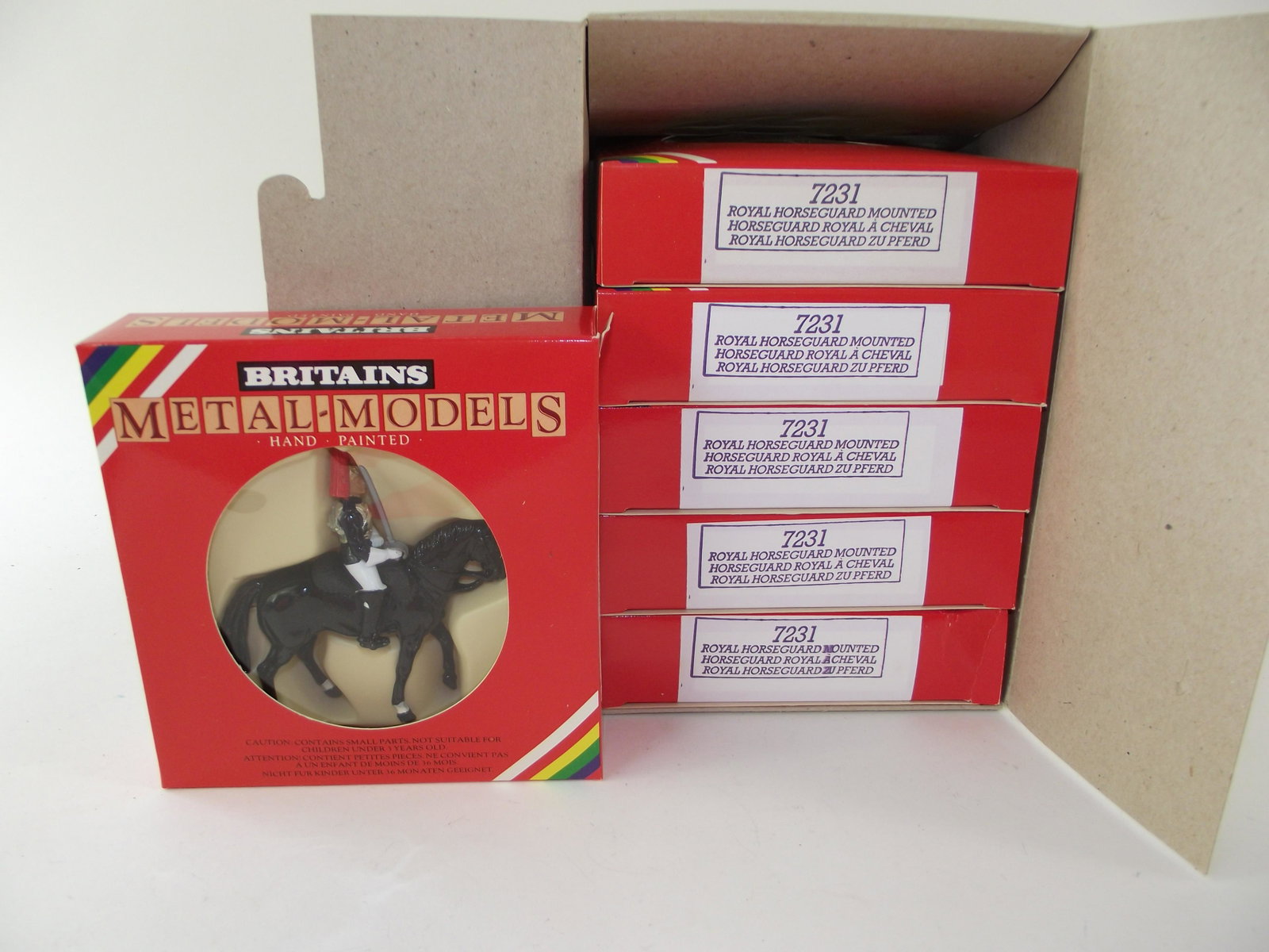 Britains 7231 Mounted Horseguard: 6 complete sets, mint in box. Old store stock.