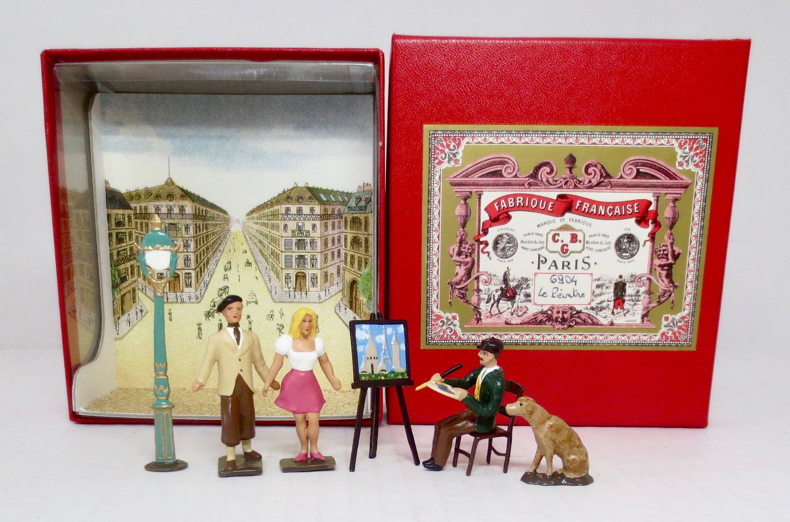 Mignot "le Peintre" Diorama: "The Painter" scenic boxed set. 7 pieces. Near mint condition. Box excellent.