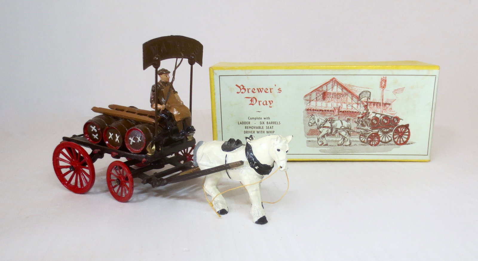 F.G. Taylor and Son "Brewers Dray" Set: Produced for Midwest British Importers. 12 pieces, including Driver, Removable Seat, Horse Drawn Cart, Barrels, Watney's Sign, and Ladder. Near mint condition. Box excellent.