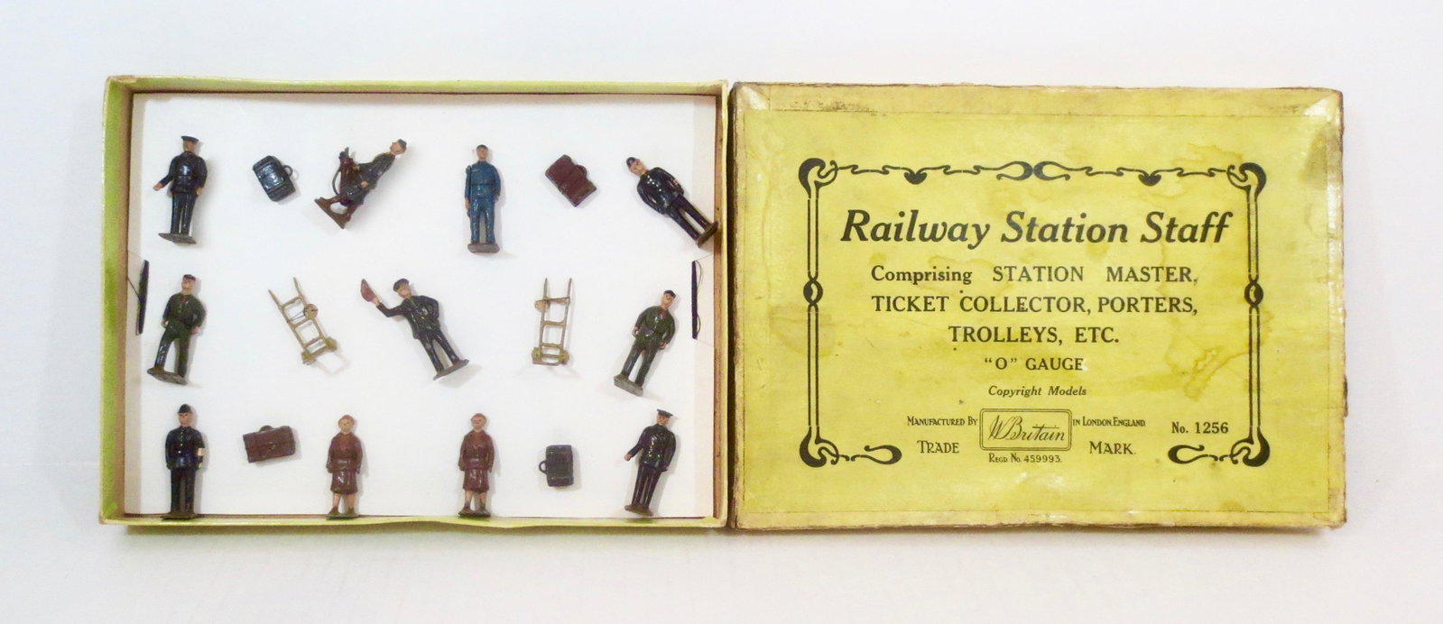 Britains RARE #1256 Railway Station Staff: Pre war issue. "O" Gauge (42mm tall) train figures designed to fit the scale of Hornby Trains. Includes; Station Master, ticket Collector, Porters, Police men, Golfer, Trolleys, Passengers, and Luggag