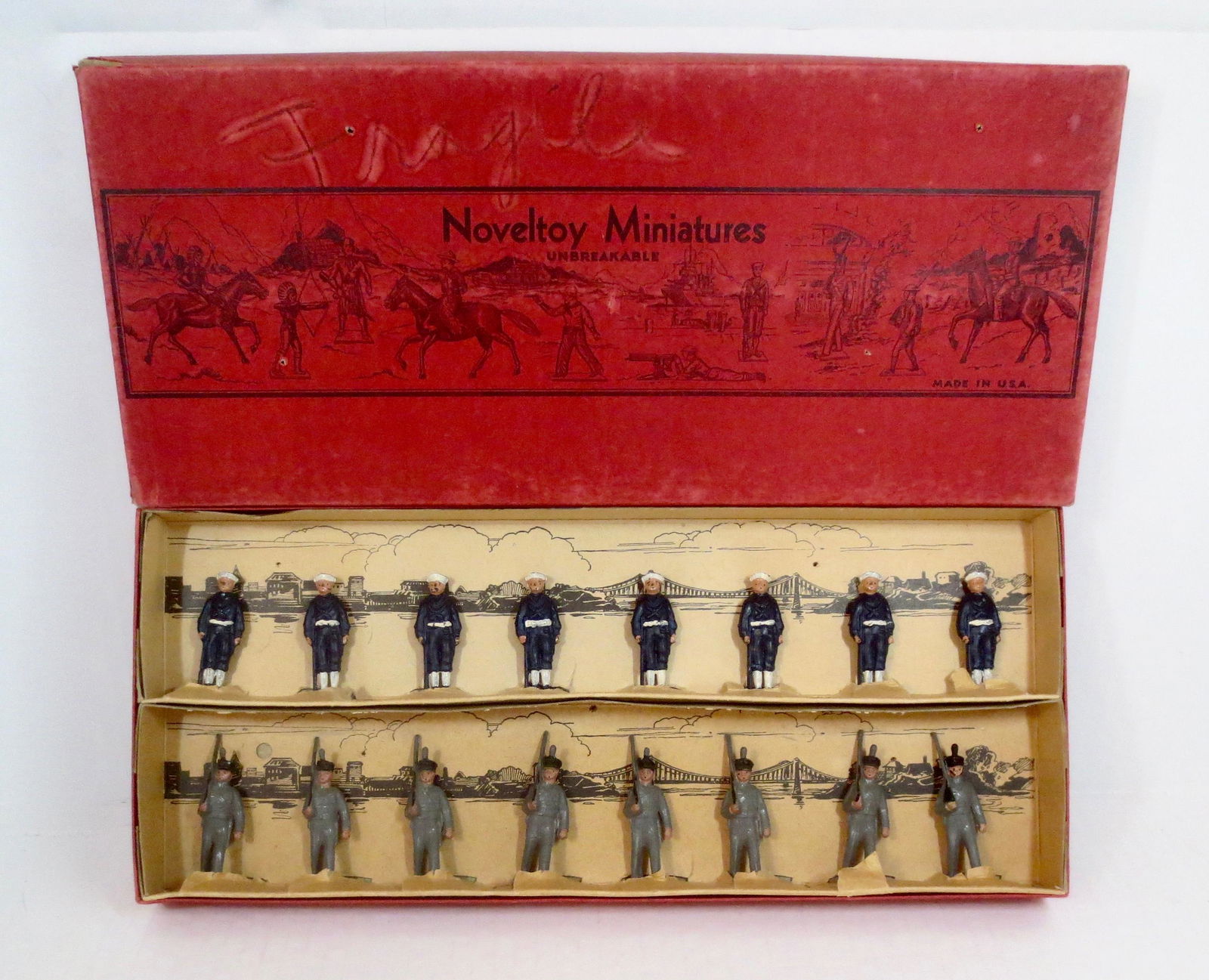 Noveltoy #NM113 Display Set: American Sailors and West Point Cadets. 16 pieces. Near mint condition in original illustrated box. Box fair, with writing on the top.
