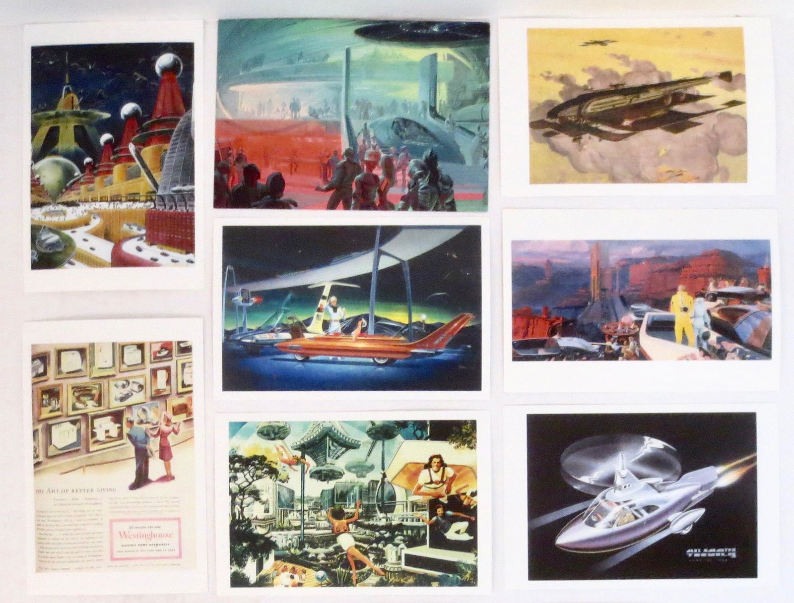 Humanities Washington Futuristic Postcards: Each card features vintage space age artwork from some of the leading pulp fiction artists of the time. 8 pieces (2 not shown). Excellent condition.