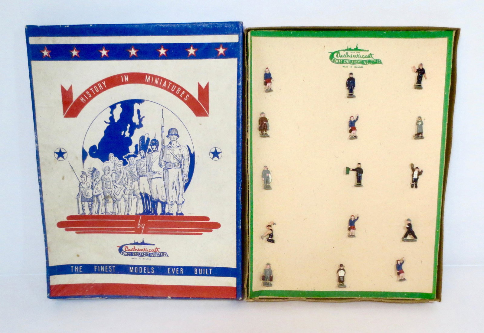 Authenticast Railway Figure Boxed Set: Train crew and passengers. 20mm tall. 15 pieces. Mint condition, tied to card in box. Box very good.