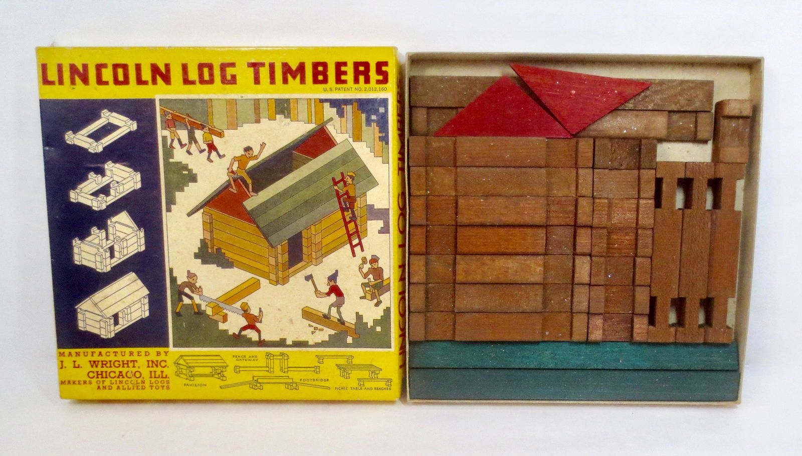 Lincoln Logs Timbers Boxed Set: This set features a colorful illustrated box with examples of types of building projects that can be made with the logs in the box. Circa 1935. 27 pieces. Excellent condition. Box excellent.