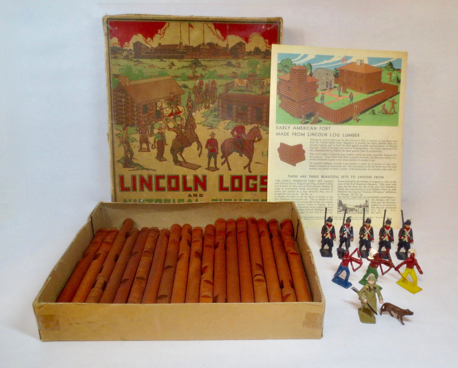 Lincoln Logs RARE #1-F Boxed Set: Large Lincoln Logs set comes with 10 historical figures. Excellent condition (missing 10 logs). Illustrated box in fair condition, with surface wear, splits and old clear tape mends.