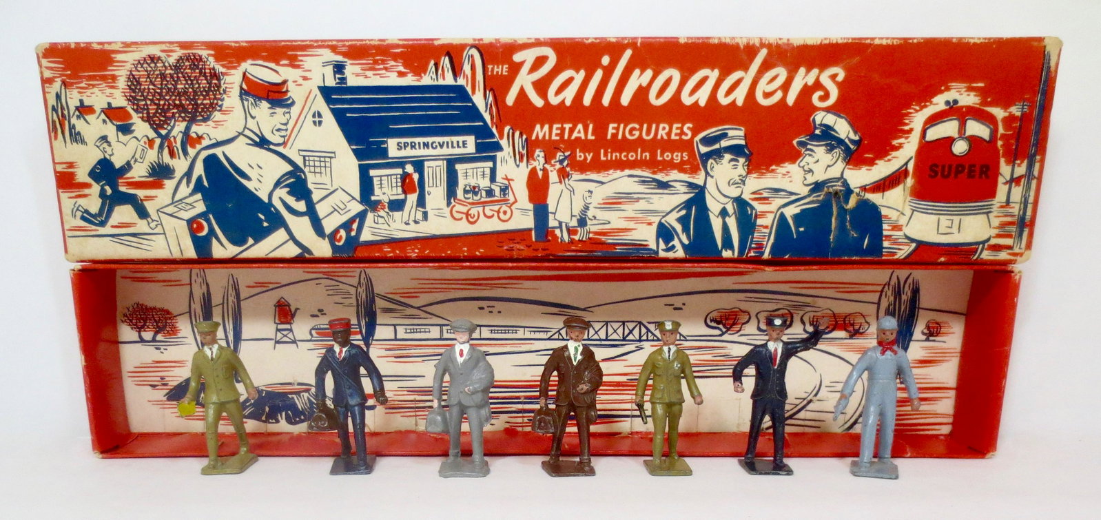 Lincoln Logs #30 Railroaders: Vintage train figure set includes two Passengers, Engineer, Conductor, Red Cap Porter, Policeman, and Messenger. 7 pieces. Near mint condition. Box very good (puncture on the lid).