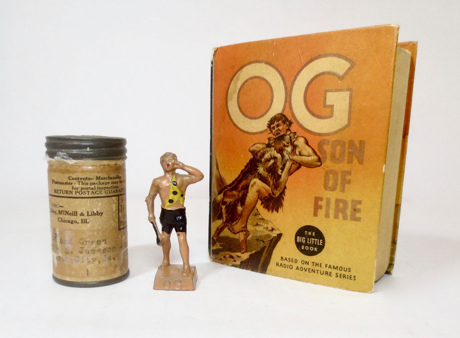 Lincoln Logs "OG Son of Fire" and Book: Og is in near mint condition, with his original mailing cannister. Book Excellent.