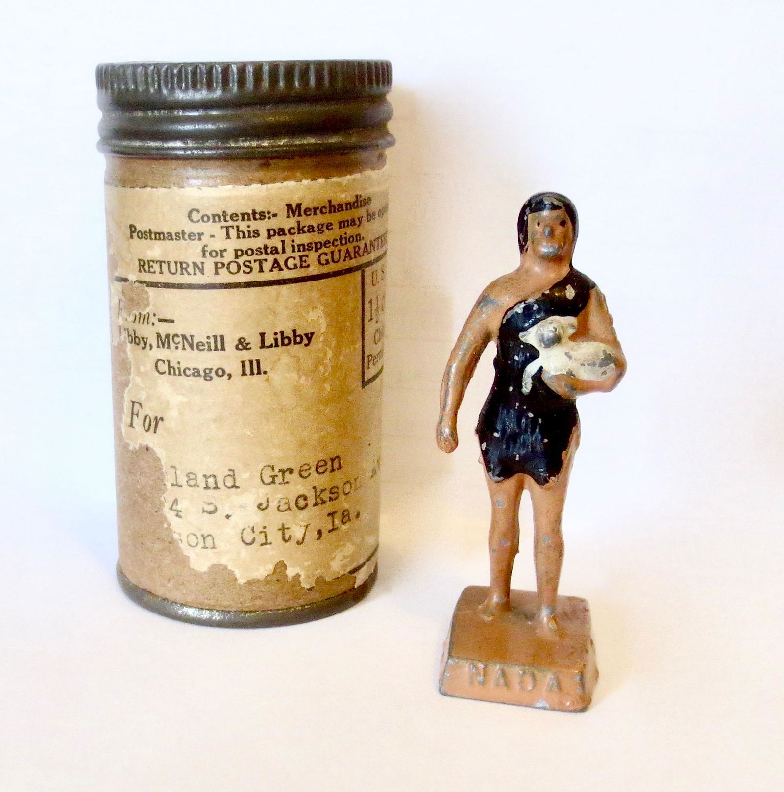 Lincoln Logs "NADA" Figure: In the OG Son of Fire stories, NADA was OG's Girlfriend. Very good condition, with original mailing cannister.