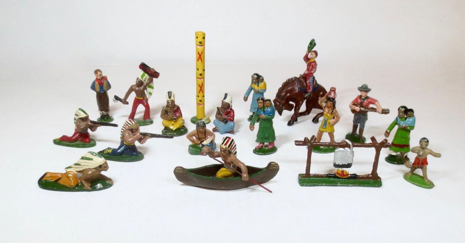 Wendal Aluminum Wild West Assortment: Cowboys, Indians, Campfire and Totem Pole. 18 pieces. Near mint to excellent condition. Unboxed.