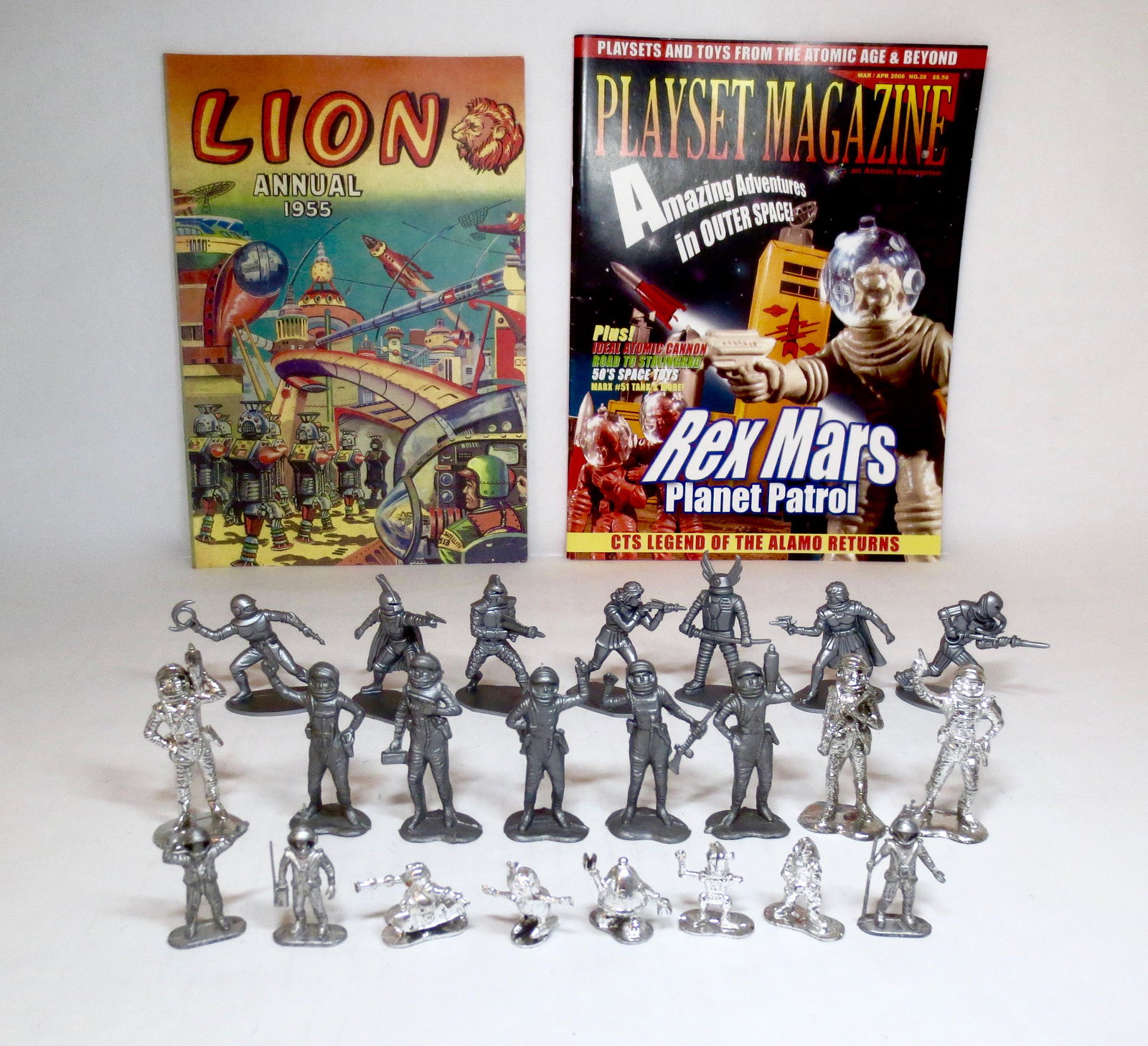 Space & Science Fiction Collection: Includes 23 plastic space figures, plus "Rex Mars Planet Patrol" Play Things Magazine, and an Outer Space Lions Annual Cover from 1955. Excellent condition. Unboxed.