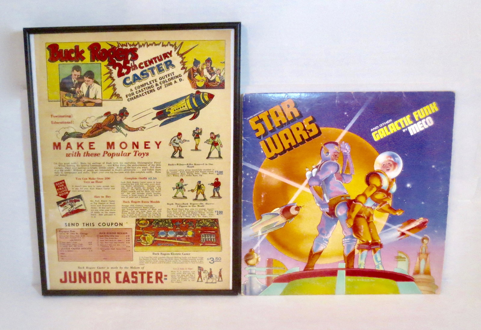 Buck Rogers Caster Ad & Star Wars Record Album: Original Framed Newspaper advertisement for the Buck Rogers Cast Your Own Figures sets, and an original Meco Star Wars Music Record Album. Excellent condition (record not tested).