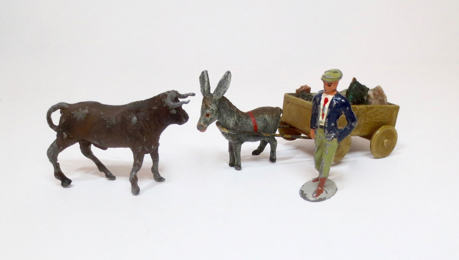 German Farm Assortment: Merten lead Coster and Cart and Bull. 60mm to 80mm tall. Unboxed.
