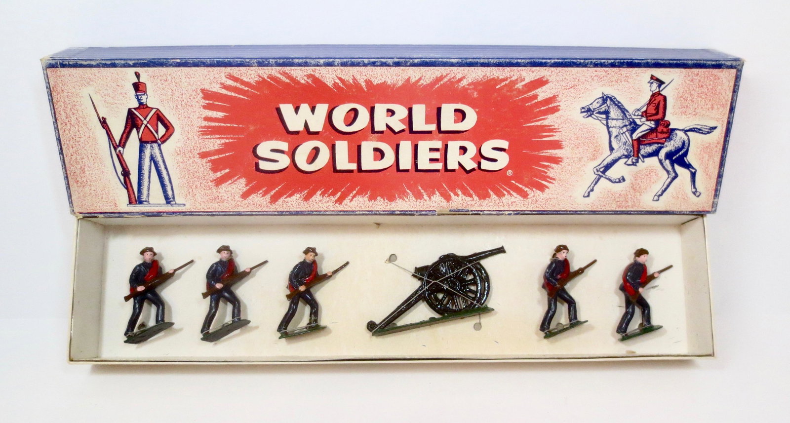 Jones Confederate Infantry of 1861: U.S. Civil War Confederates attacking with Artillery gun. 6 pieces. Mint condition, tied in the original "World Soldiers" illustrated label box. Box excellent.