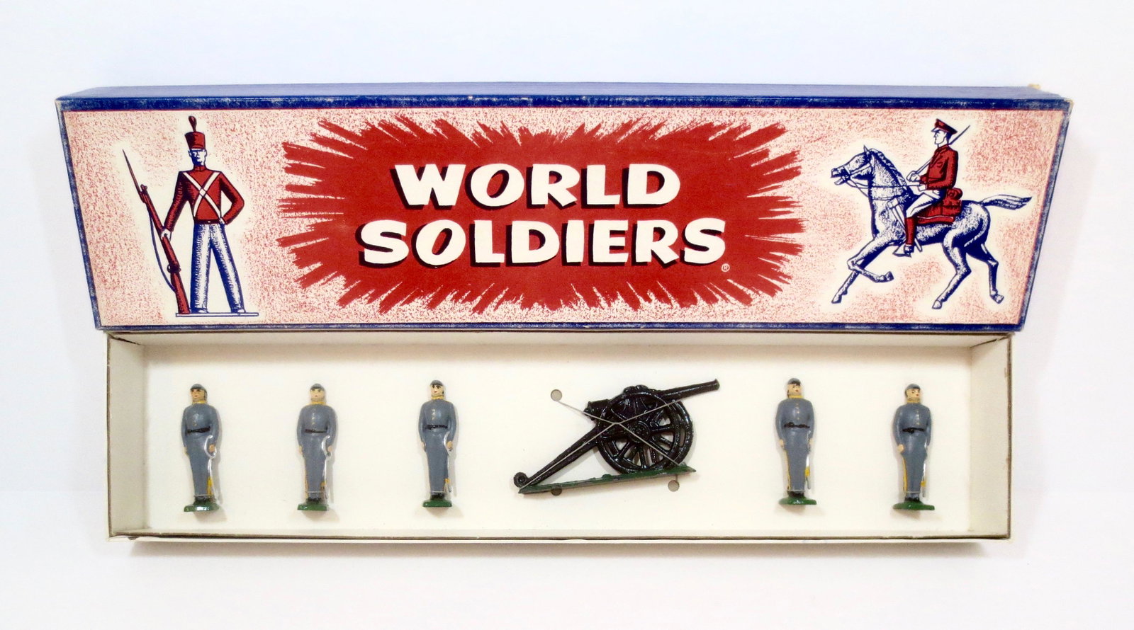Jones C.S.A. Cavalry of 1861 Dismounted: Confederate Artillerymen with Cannon. 6 pieces. Mint condition, tied in the original "World Soldiers" illustrated label box. Box excellent.