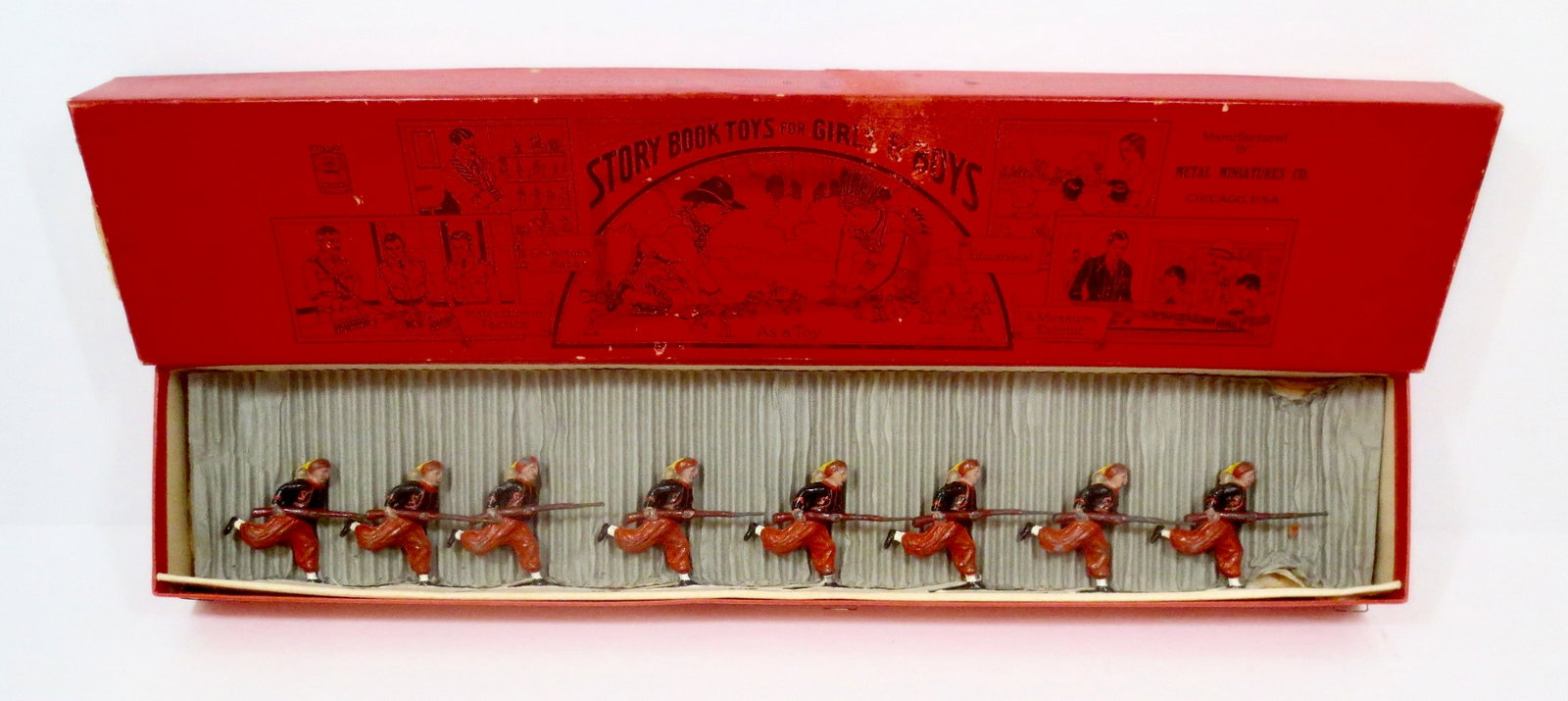 Jones #28011X 1st Tennessee Zouaves of 1864: From the "Metal Miniatures" line. Confederate Zouaves charging into battle. 8 pieces. Mint to near mint condition, in original "Historic Toys for Girls and Boys" illustrated label box. Box excellent (