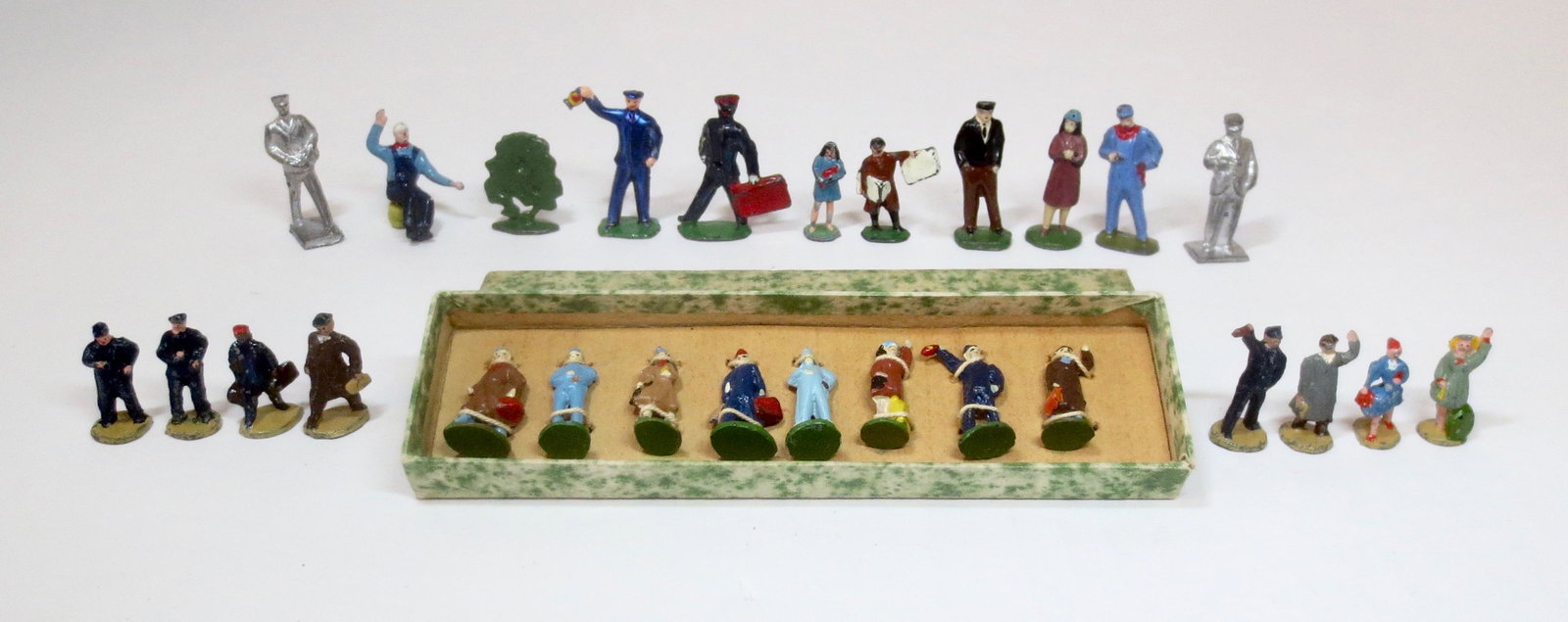 Jones Assorted 'O' and 'HO' scale Train Figures: Includes Rare "Seated Railroad Engineer". 27 pieces. Mint to excellent condition. One box (unlabeled) in excellent condition.