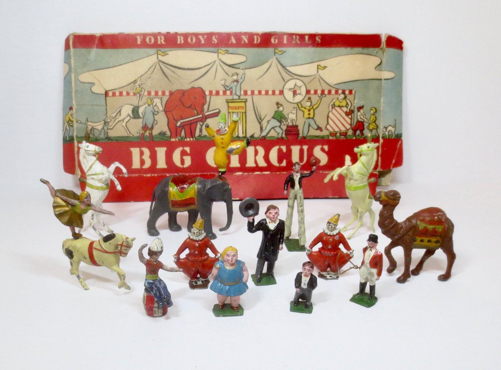 C.K. Japan Circus: Tom Thumb, Fat Lady, Clowns, Equestrienne and more. 16 pieces. Excellent to good condition (some paint wear, and one clown missing hand). Comes with original illustrated box (in poor condition).