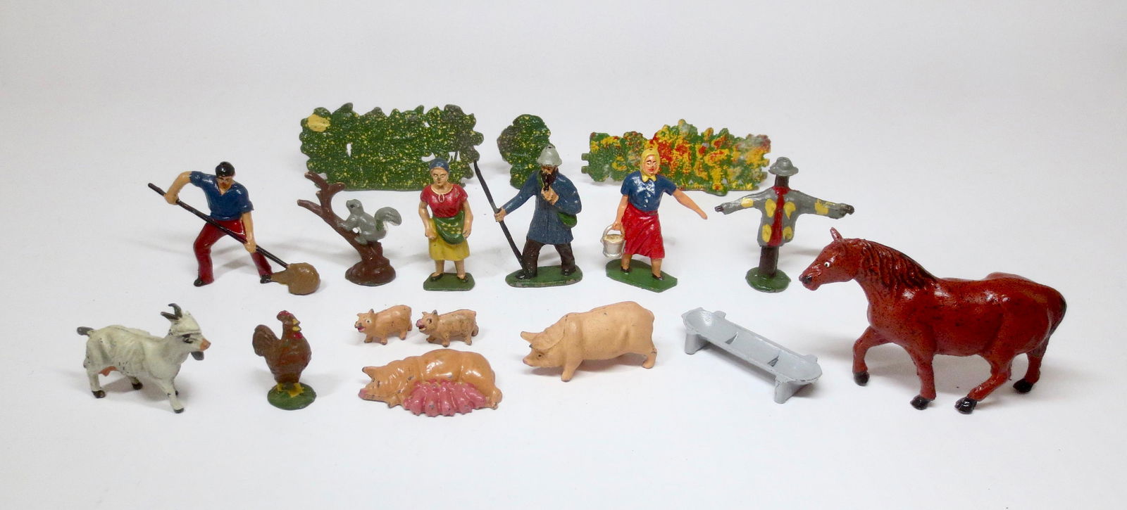 Timpo Farm Assortment: Farmer hard at work with family and animals. 17 pieces. Near mint to excellent condition. Unboxed.