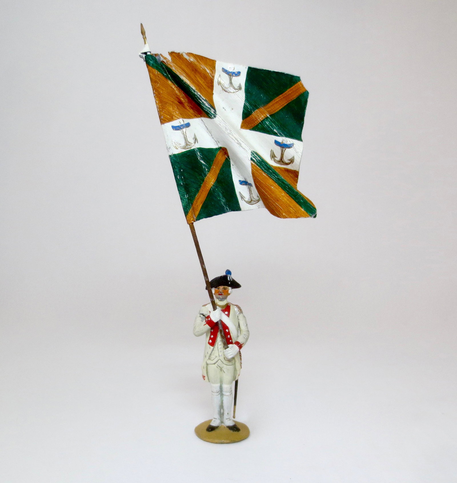 Metayer RARE "Ancien Regime" Standard Bearer: Panthievre 64th Regiment of 1786. Modeled by Madam Fernande Metayer, one of France's premier makers of military miniatures. Circa 1950`s - 70`s. 54mm. Good condition, with some paint loss and flaking.