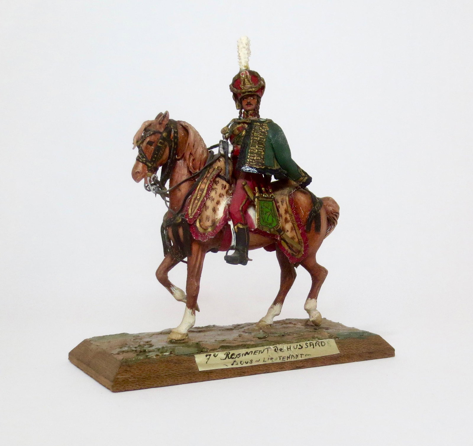 Bernard Vanot Mounted Sous Lieutenant: 7th Regiment de Hussards. Wonderful paint and detail work. Clear signature on the base. Very good condition (plume replaced, groundwork flaking off, and some paint wear). No box.