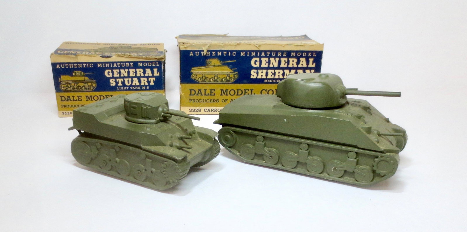 Dale Tanks: General Stuart Tank, and General Sherman Tank. 2 pieces. Near mint to excellent condition. Boxes in fair condition (tops torn off, but included for repair).