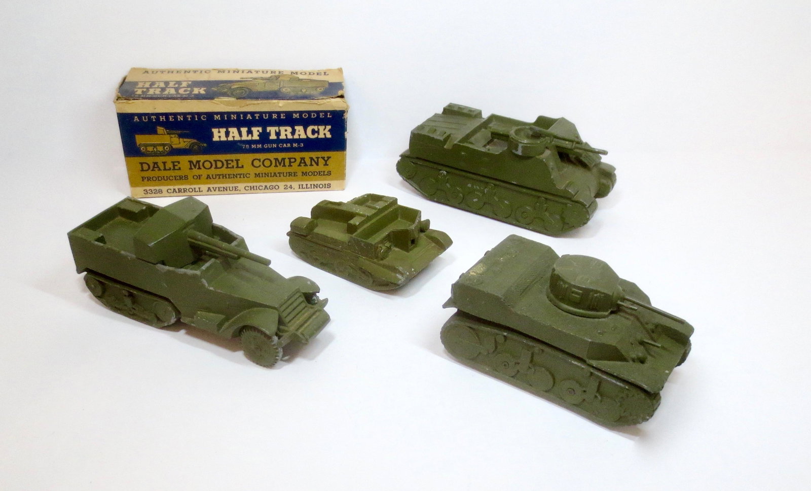 Dale Military Vehicle Assortment: Half Track, Tanks and Bren Gun Carrier. 4 pieces. Excellent condition. Box fair (top torn off, but included for repair).