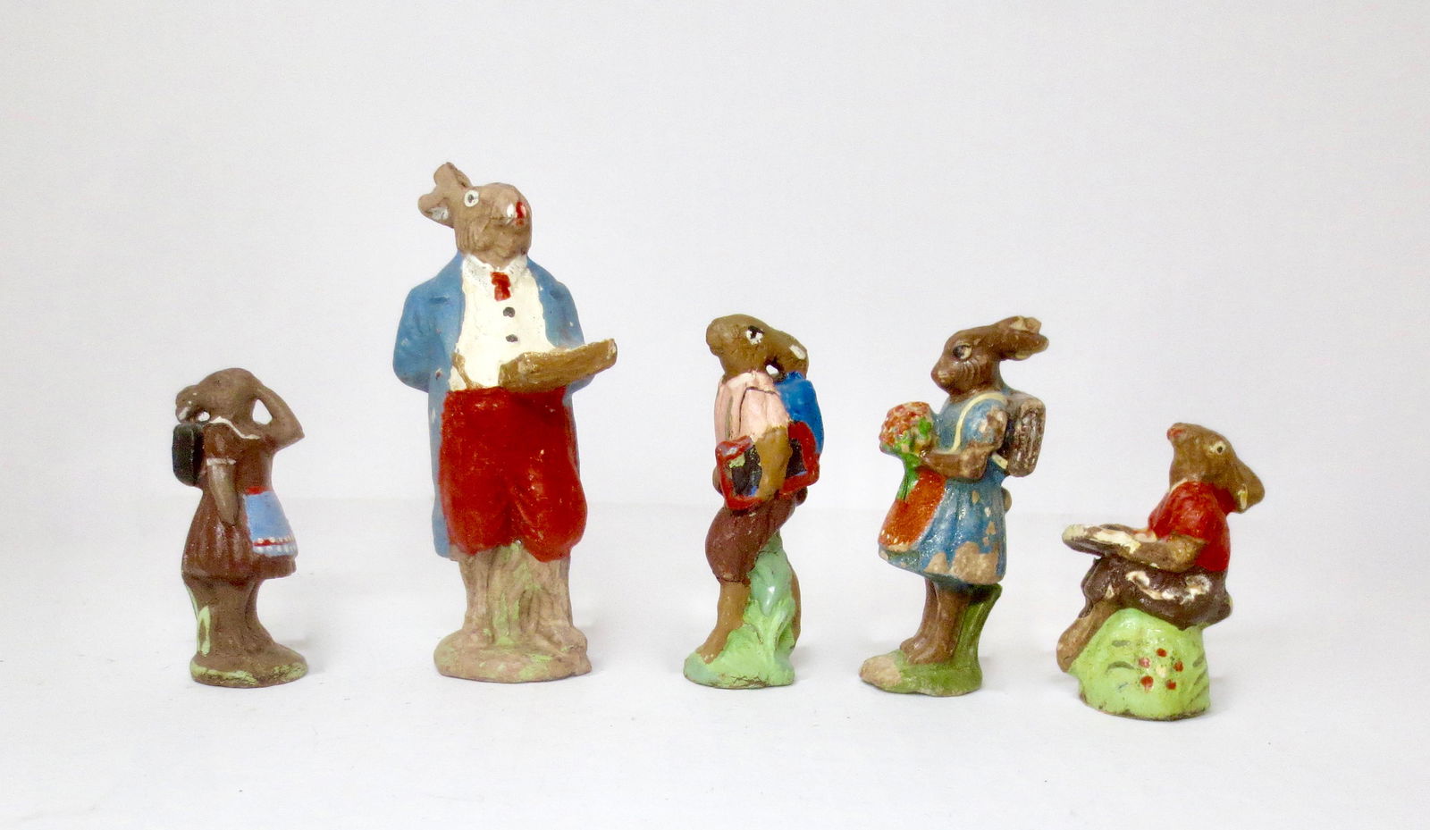 Composition Rabbit School Set: Whimsical Rabbit School Teacher and Bunny Students. 2-1/4" to 3-3/4" tall. 5 pieces. Excellent to very good condition. Unboxed.
