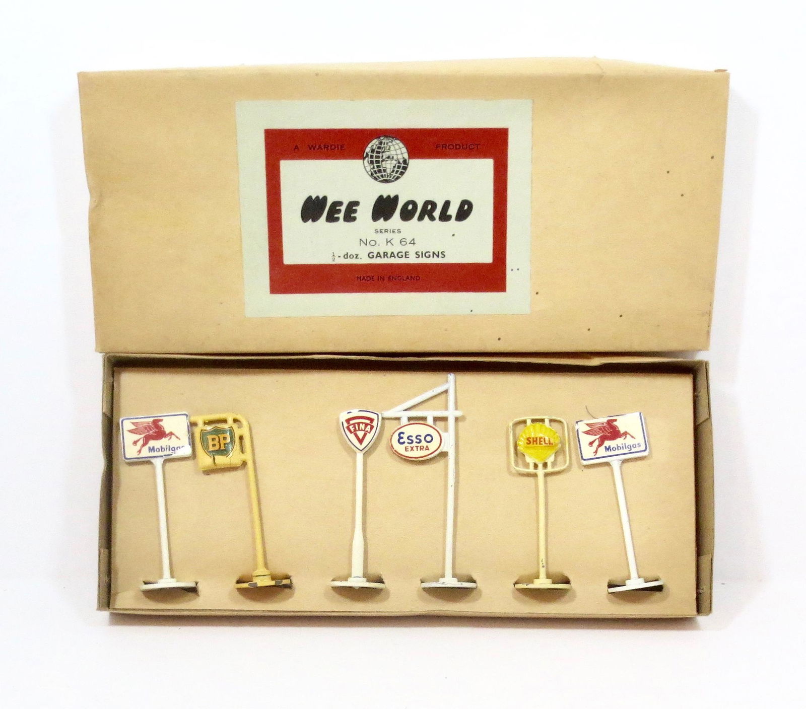 Wardie #K64 Garage Signs Set: Mobil Gas, BP, Esso, Fina, and Shell signs. 3" tall. 6 pieces. Mint to near mint in original box.