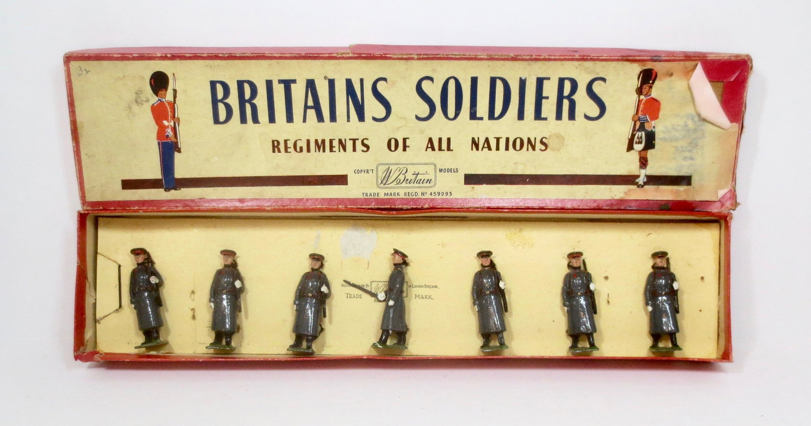 Britains #2027 Red Army Guards: Post war issue. 7 pieces. Near mint condition, tied to card in ROAN box. Box poor, with water damage.