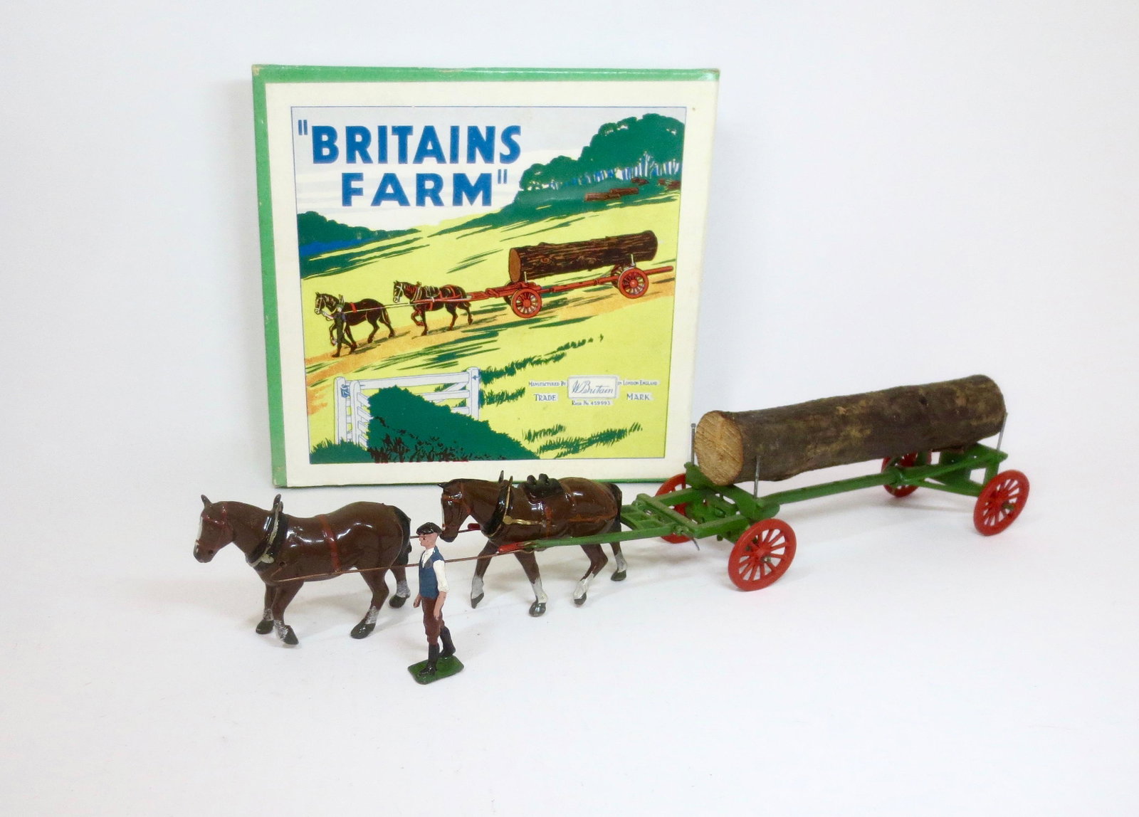 Britains #12F Timber Carriage Set: Post War issue. Stable Lad with double Horse-Drawn Wagon carrying log load. 5 pieces. Near mint to excellent condition. Box excellent.