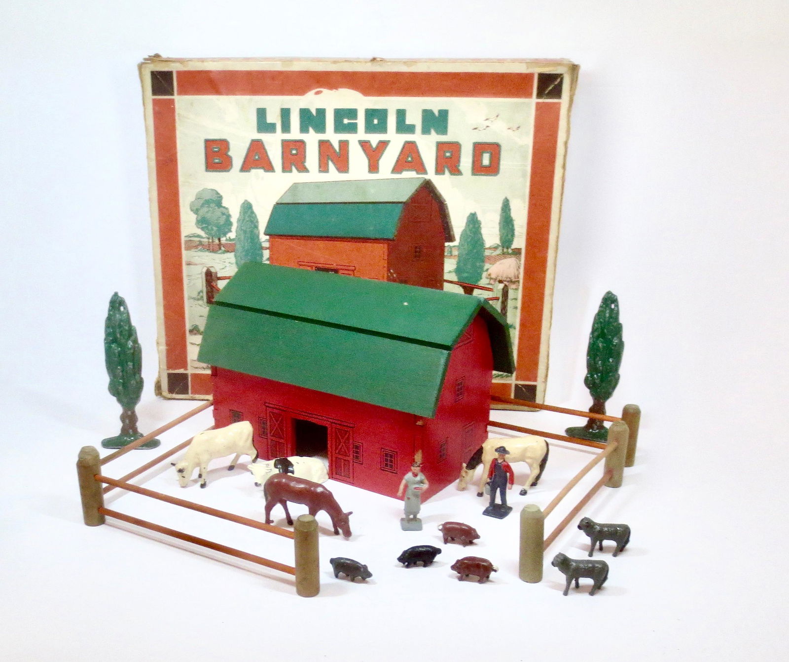 Lincoln Logs RARE Barnyard Set: Wonderful set, and very hard to find. 14 pieces, plus Barn and Fences. Excellent condition. Box poor, with wear, tears and repairs.