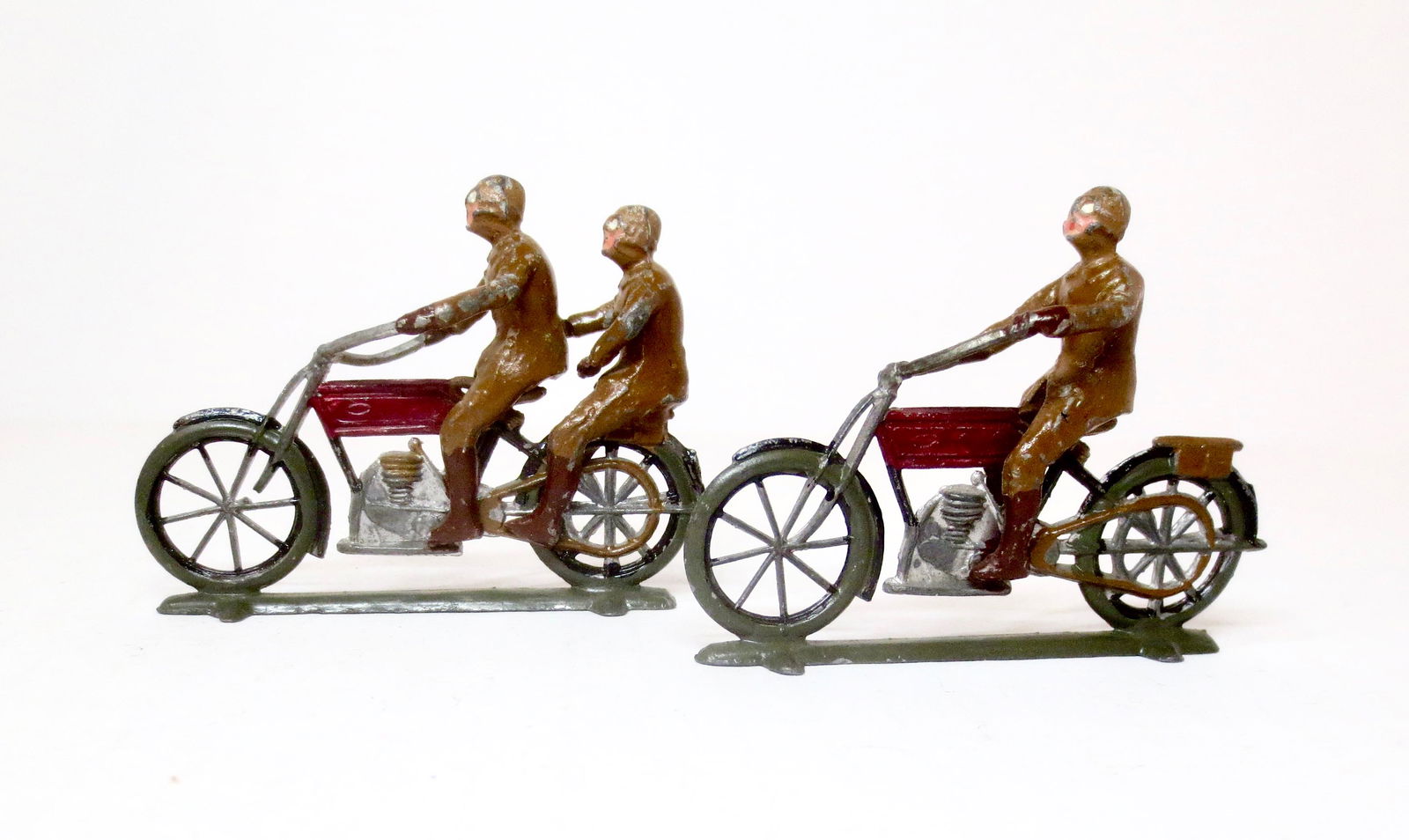 Heyde Motorcyclists: One with passenger, and one single rider example. 55mm tall. Very good condition. Unboxed.