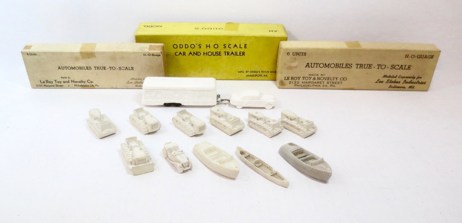 Leroy Toy & Novelty Chalk Vehicles: Autos, Tractors, and Boats. 1-3/4" to 3-1/2" long. 13 pieces. Excellent condition. Boxes very good.
