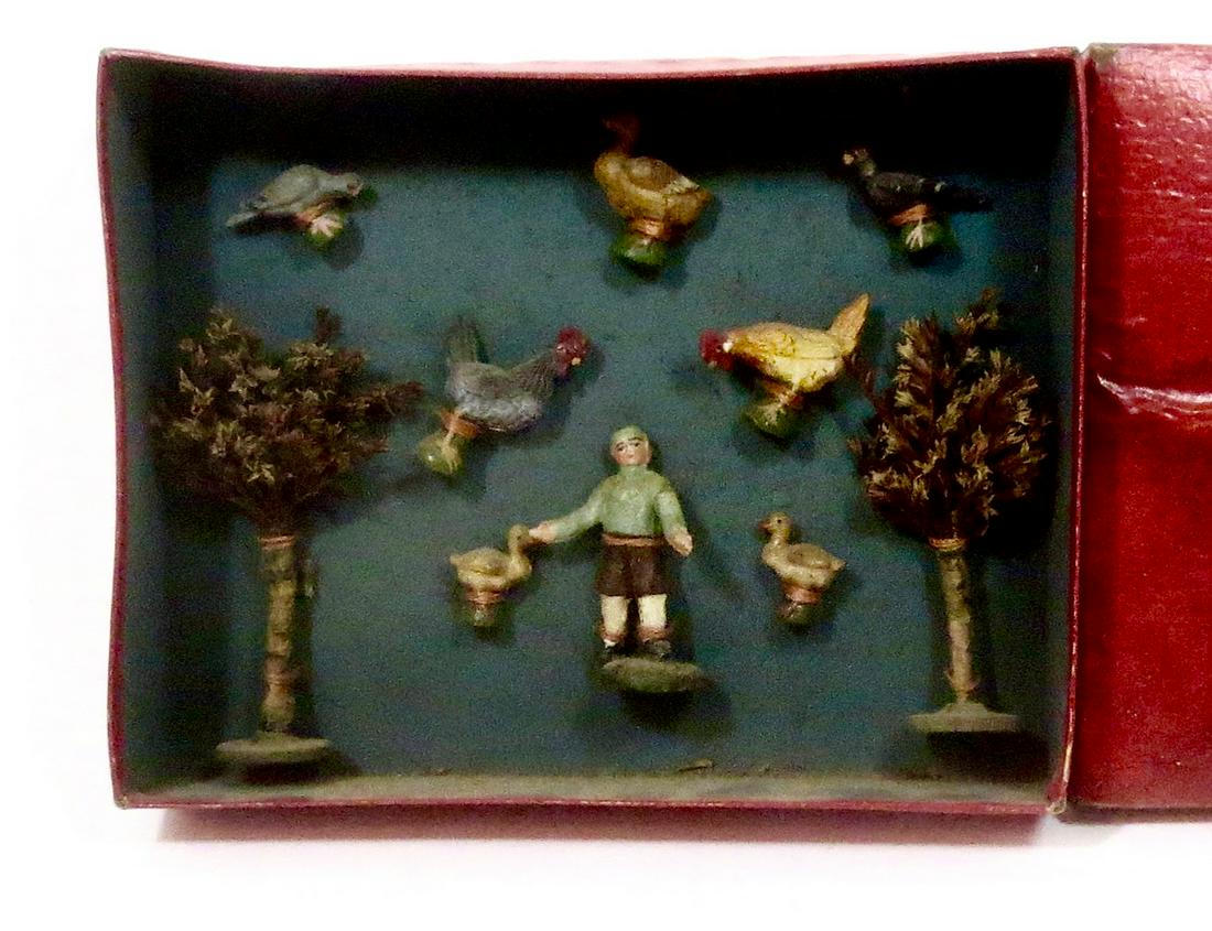 RARE Composition Farm Boxed Set: Lovely set. 20mm to 75mm tall. 10 pieces. Mint condition, still tied to the card in original box. Box fair, no labels and bubbling on the top.