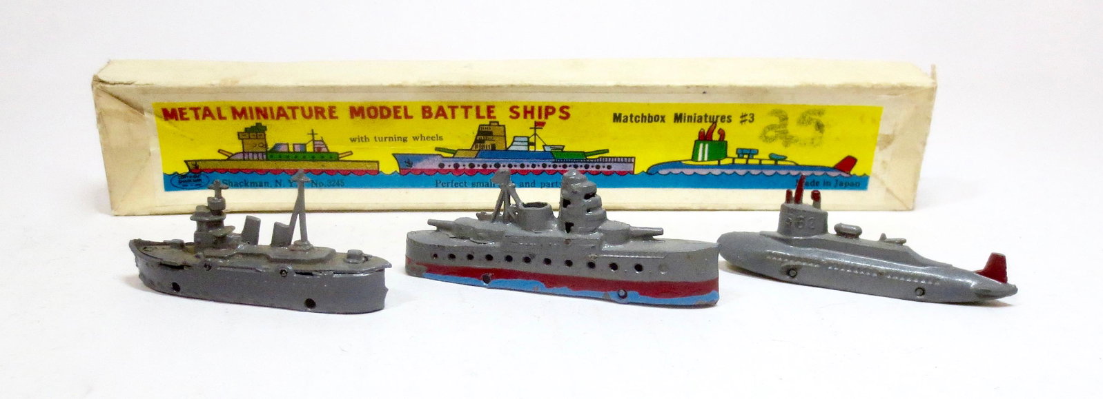Matchbox Miniatures Battle Ships Set: 3 pieces. 2" to 2-1/2" long. Excellent condition. Box good (top & bottom splits).