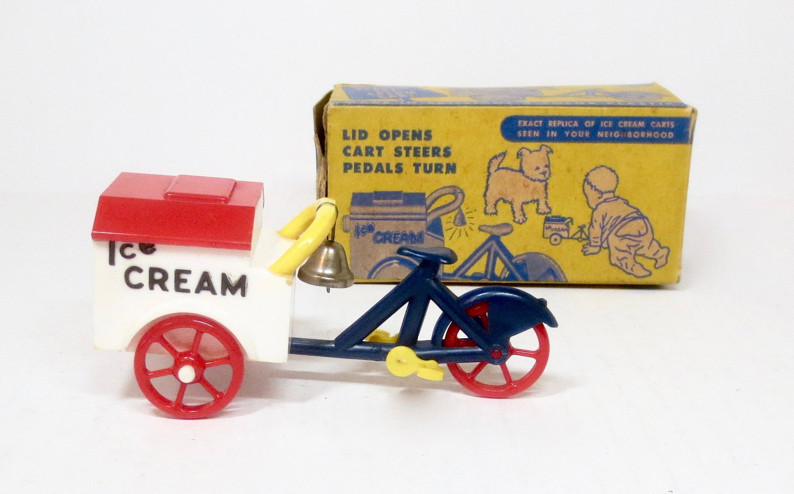 Plastic Ice Cream Cart: 4-1/2" long. Mint condition. Box fair (missing end flap tabs).