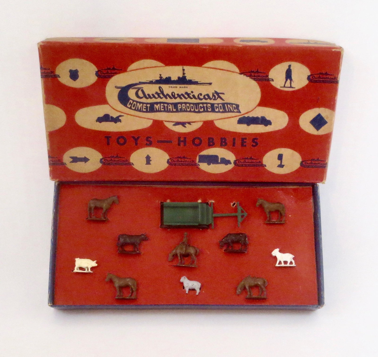 Authenticast HO Scale Cowboy Set: Mounted Cowboy with wagon and assorted animals. 11 pieces. Near mint condition. Box very good (two top corner tears).