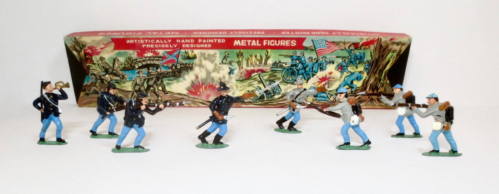 American Civil War Boxed Set: Union and Confederate Infantries. Japanese maker. 8 pieces. Excellent overall condition (Confederate Officer missing sword). Box excellent.