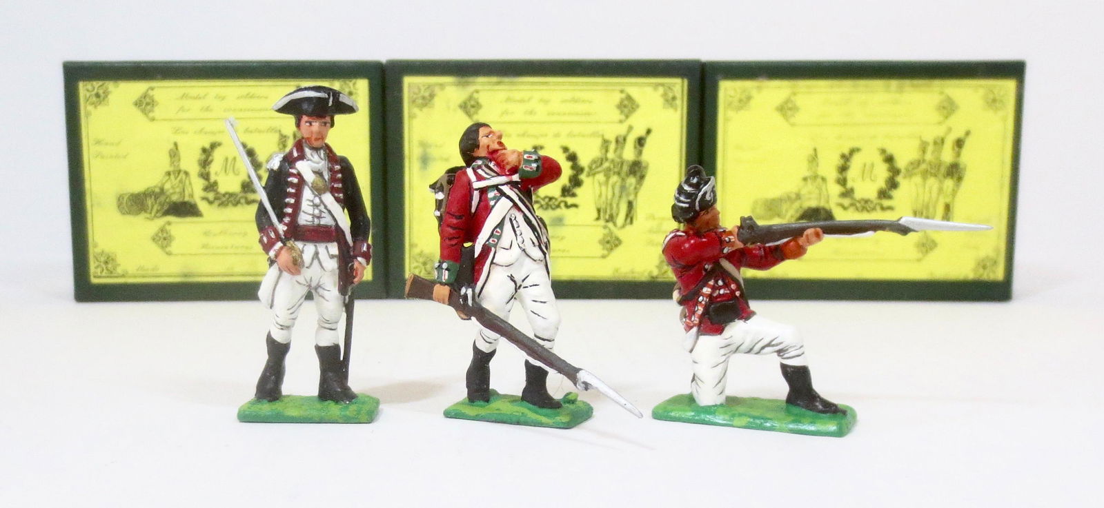 Mulberry Miniatures American Revolution: Newfoundland Regiment Officer with two Red Coats. 3 pieces. Near mint condition. Boxes excellent.