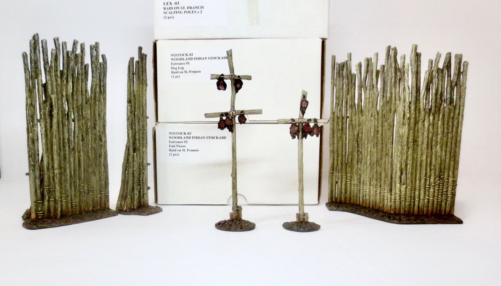 John Jenkins "The Raid On St. Francis": Scalping Poles, Indian Stockade Entrance End Pieces and Dog leg. 5 pieces. Mint condition. Boxes excellent.