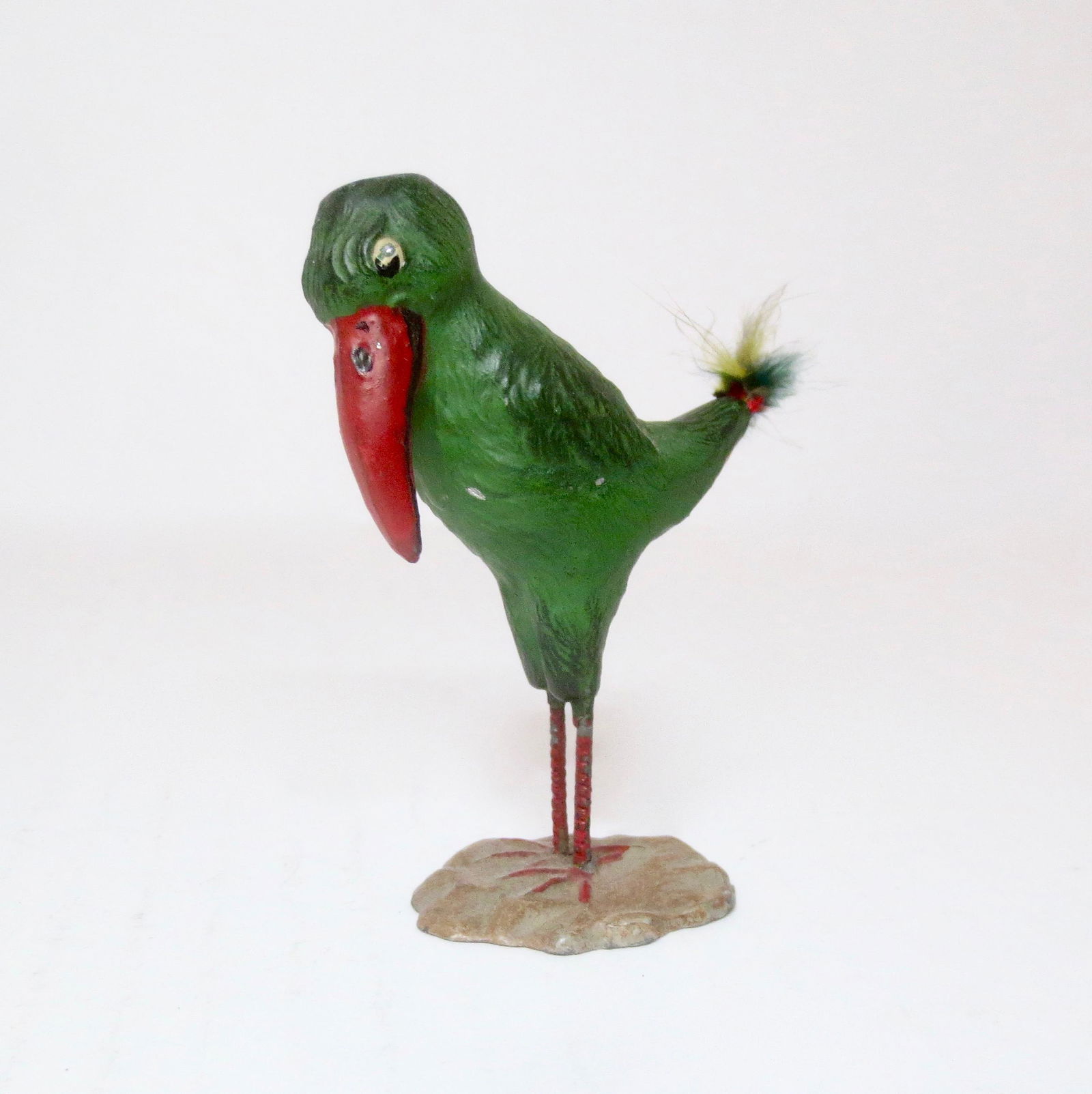 Heyde RARE "Stork" Advertising Figure: Colorful and very unusual retail shop advertising figure. Likely from the early 1900's. 80mm tall. Bottom of the base has the original "M.M.R. Creator of Fashion Accessories, Chicago" sticker on it. S