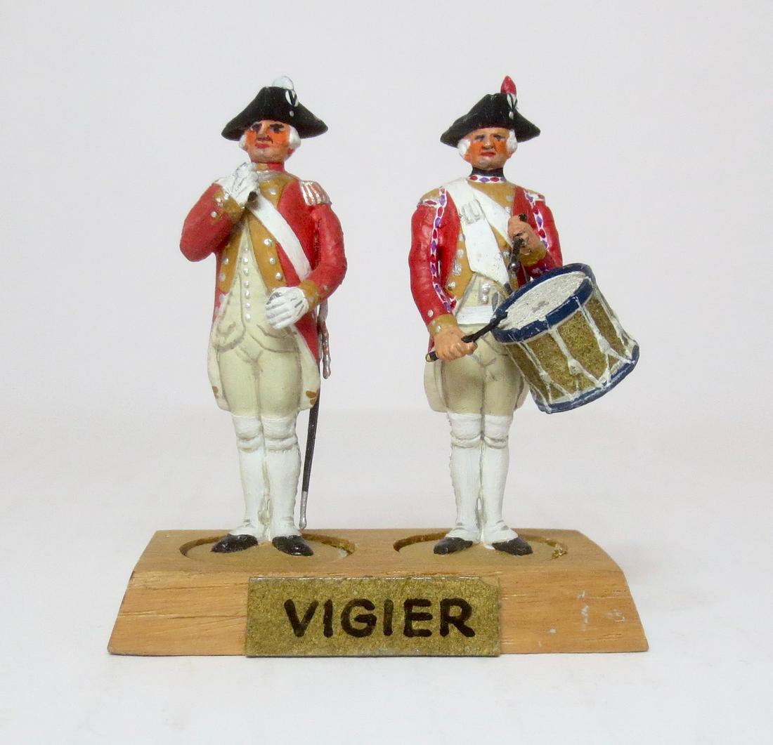 Metayer "Ancien Regime" Vigier: Standard Bearer (missing flag), and Drummer. Modeled by Madam Fernande Metayer, one of France's premier makers of military miniatures. Circa 1950`s to 1970`s. 54mm. 2 pieces. Excellent condition. No b