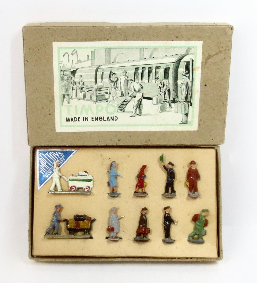 Timpo Railway Figure Boxed Set: Conductors, Porters, and Passengers. 20mm tall. 10 pieces. Mint to near mint condition. Box excellent.