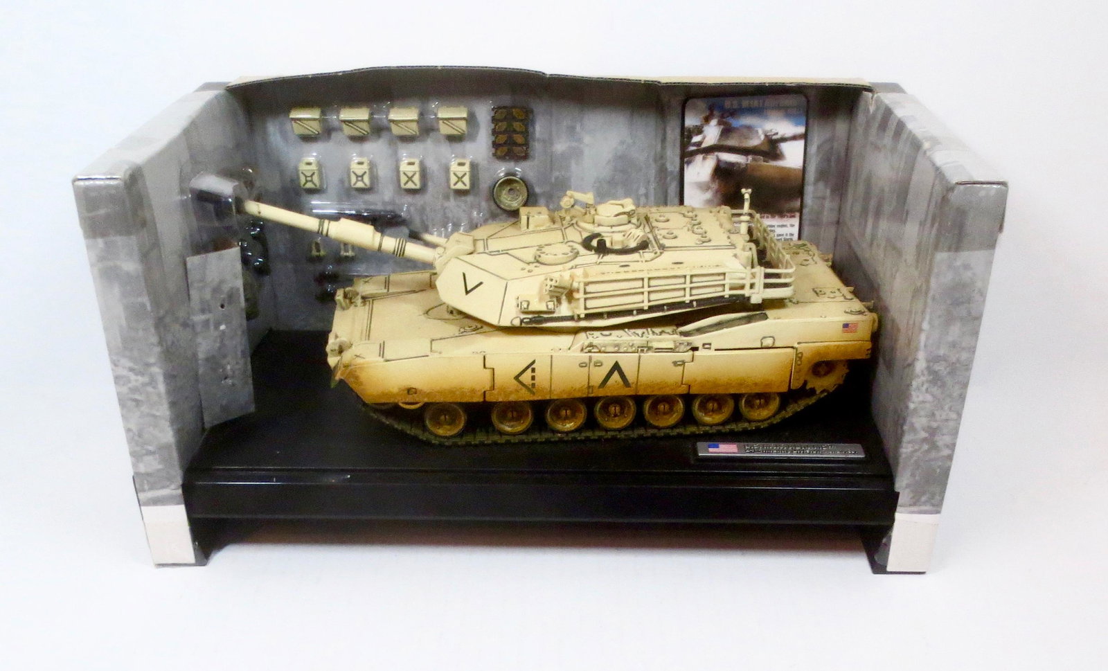 US Army M1A1 Abrams Tank: 24th Infantry Division, Kuwait 1991. Plastic. 1:32 scale (tank measures 12" long. 1 piece, plus accessories. New condition, but missing outer box.