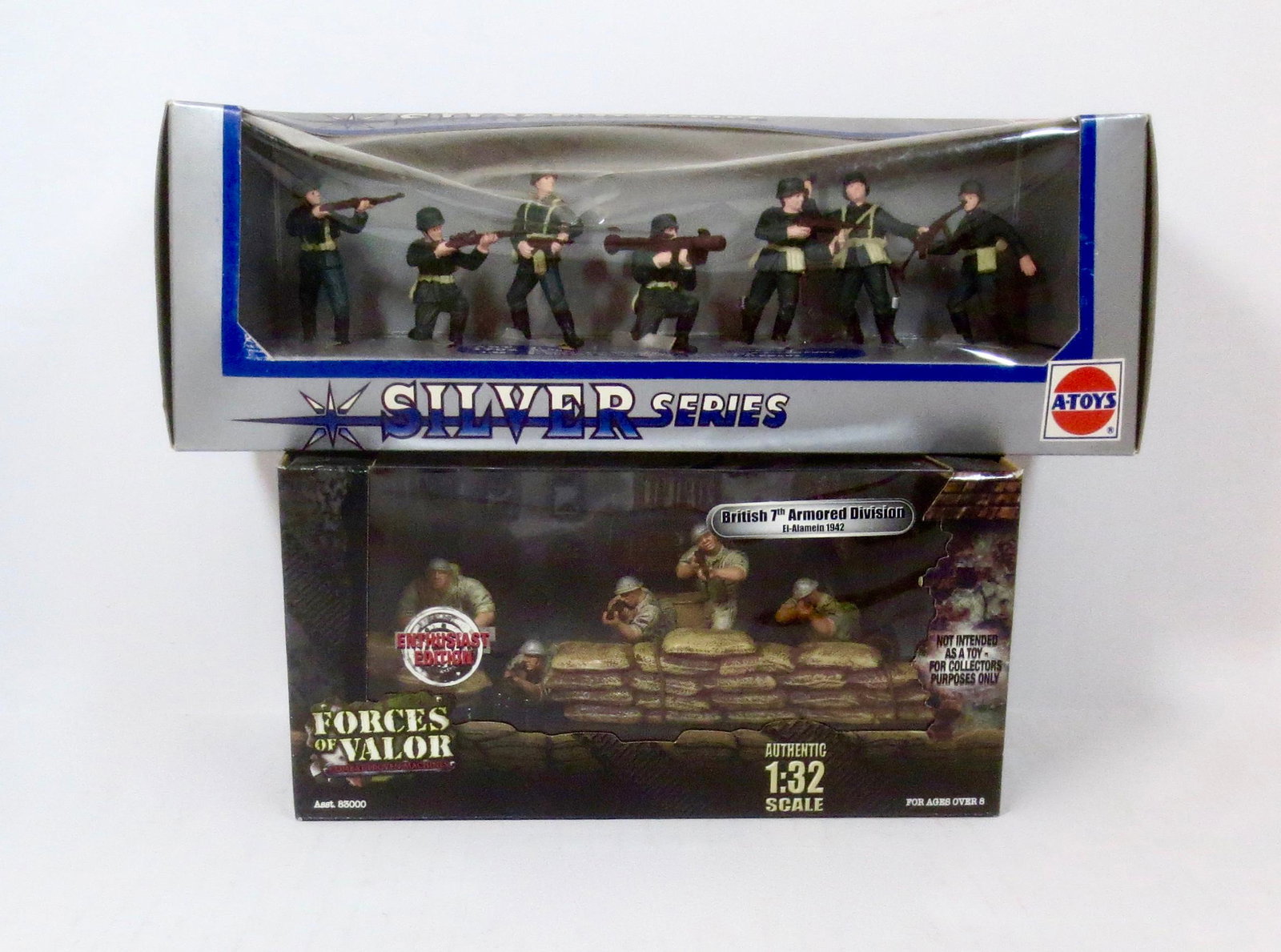 Forces of Valor & A-Toys WW2 Soldier Boxed Sets: Forces of Valor British 7th Armored Division (New in box. Box excellent), and A-Toys Plastic Silver Series US Troops (New in Box. Box crushed).