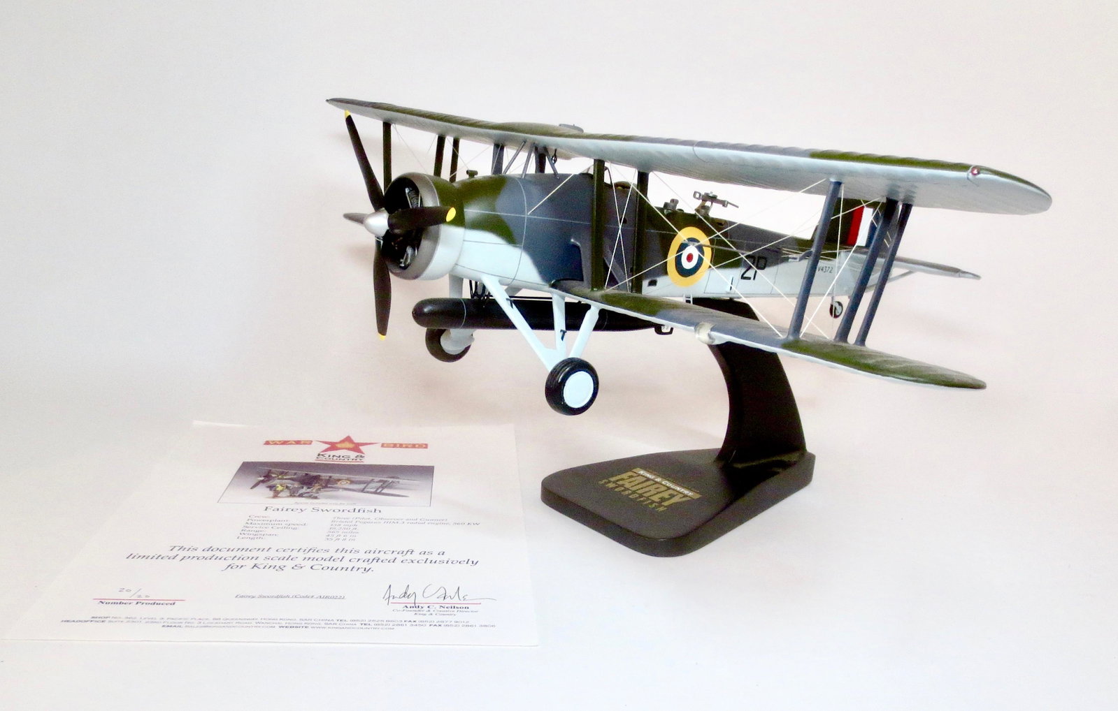 King & Country RARE Fairey Swordfish War Bird: Limited edition, number twenty of only twenty produced. K&C War Birds are miniature 1:30 scale aircraft models of the highest caliber. Each is hand-carved (from the finest kiln-dried mahogany) and han