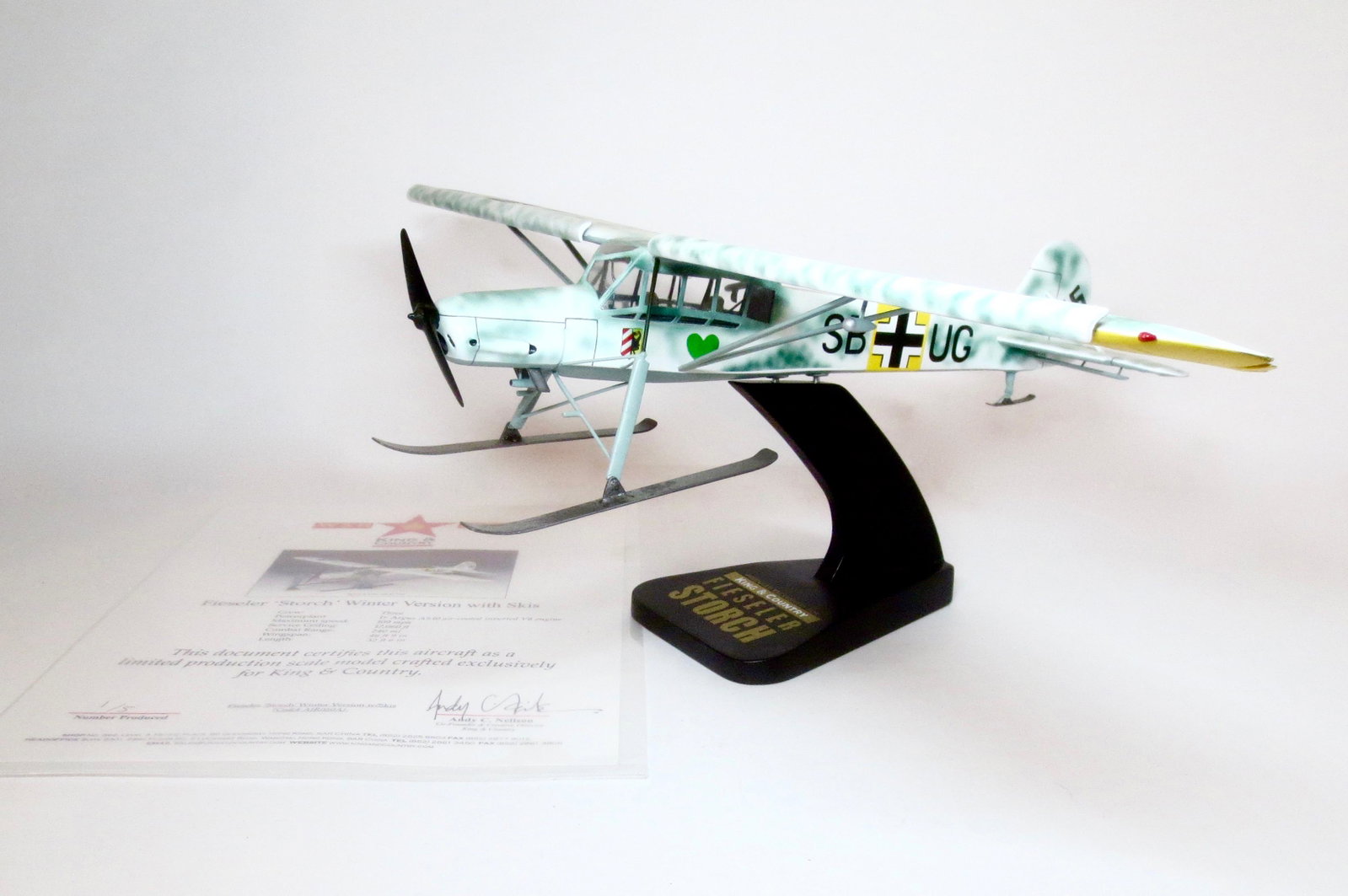 King & Country RARE Fiesler Storch War Bird: Winter Version with Skis. Limited edition, number one of only five produced. K&C War Birds are miniature 1:30 scale aircraft models of the highest caliber. Each is hand-carved (from the finest kiln-dr